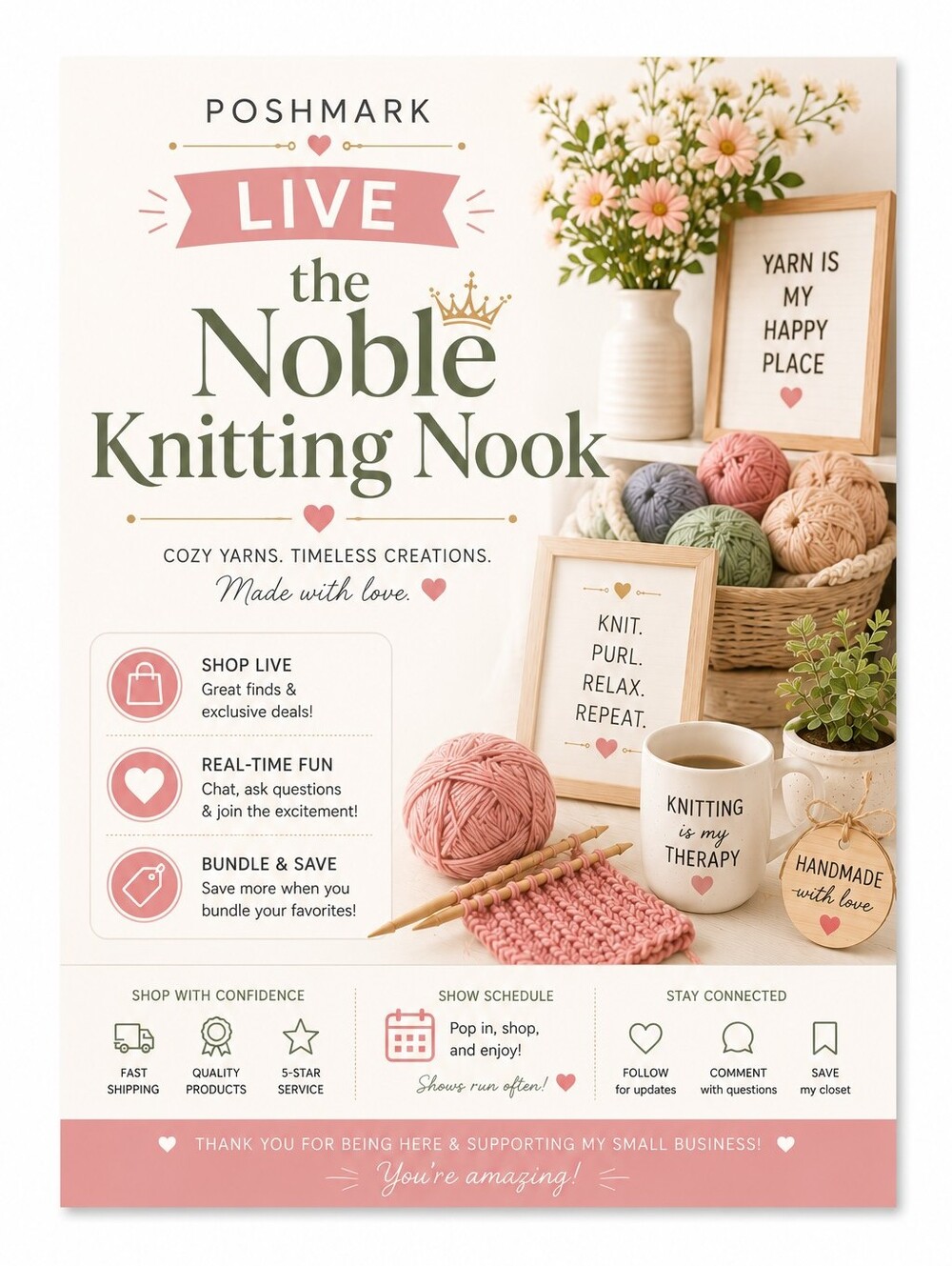 The Noble Knitting Nook Live Event Poster - Soft Pastel Yarn Display